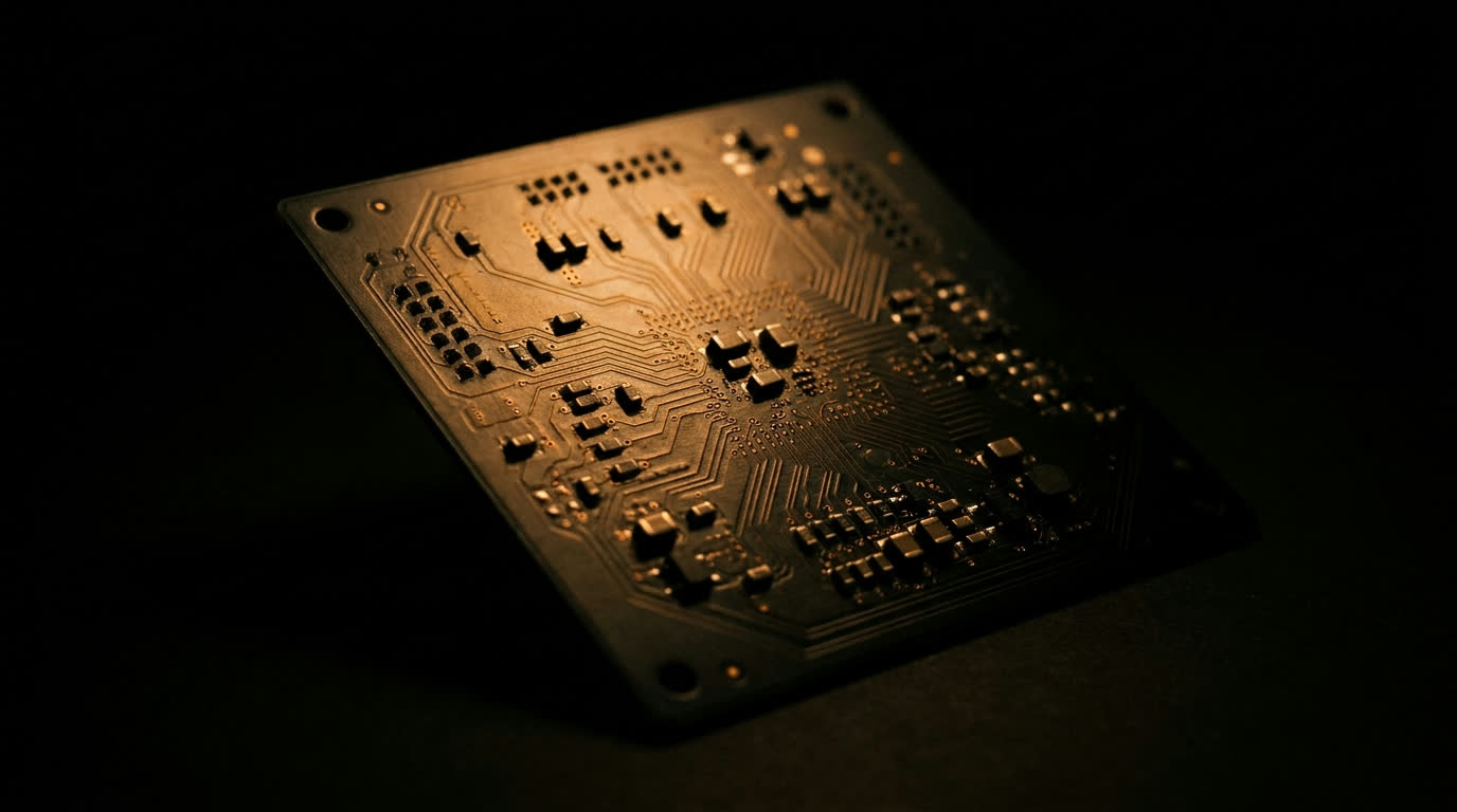 A circuit board with copper traces catching a raking amber light
