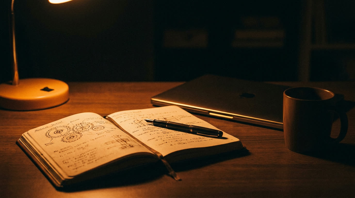 An open notebook of engineering sketches and a laptop under a single amber key light
