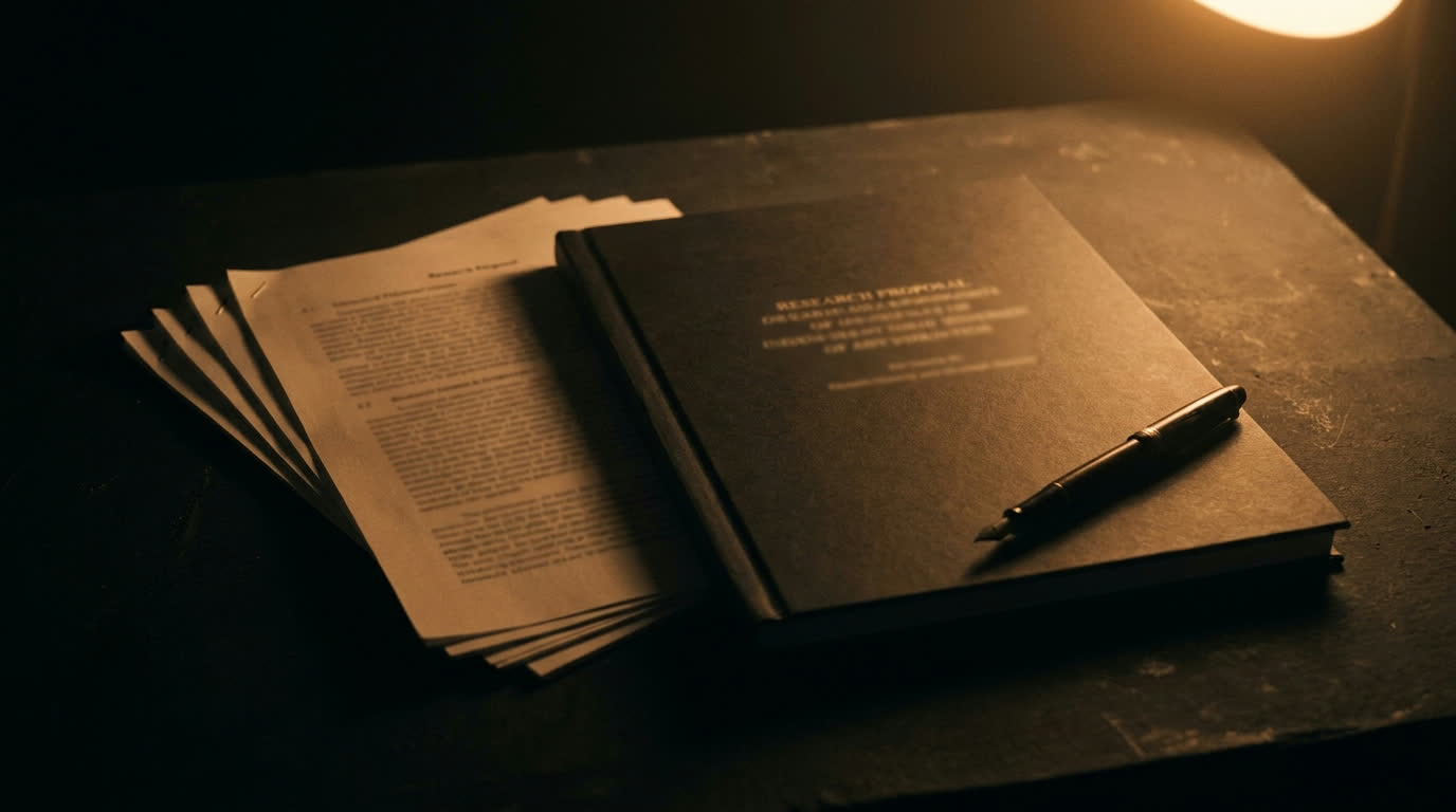 A bound research proposal and documents under a single amber light