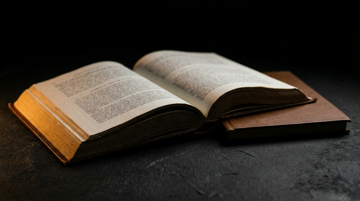 An open academic journal and a bound thesis under an amber key light