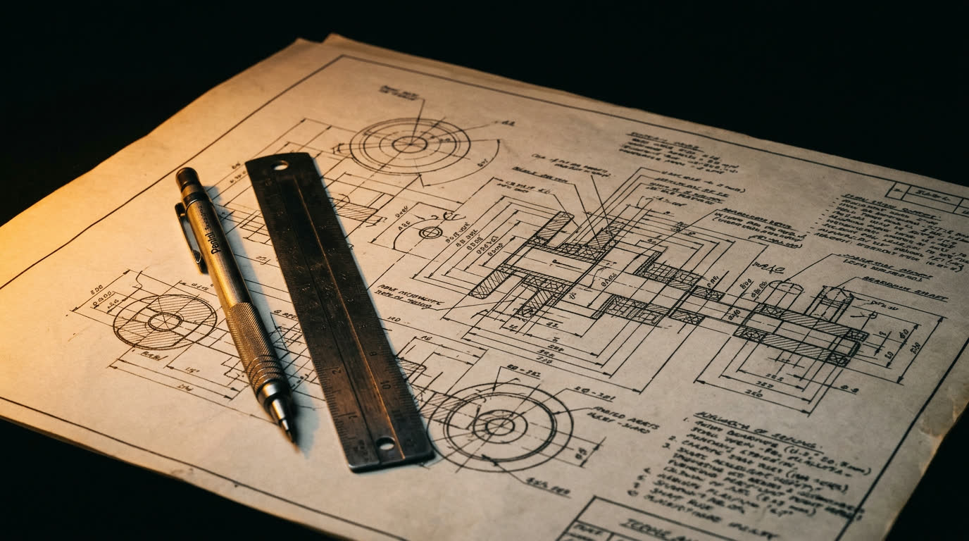 Engineering technical drawing lit by a single amber key light