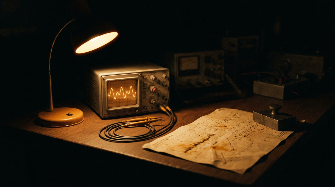 A test bench with an oscilloscope showing an amber waveform trace